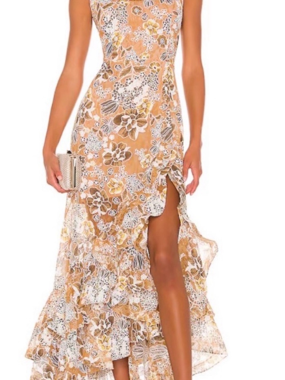 Bronx and Banco Tan and White Floral Lace Ruffle Maxi Dress with Side Slit